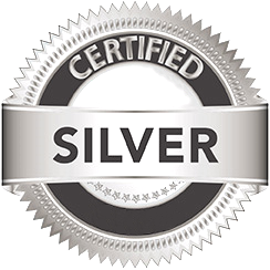 Light gray round medallion with the words "Silver Certified."