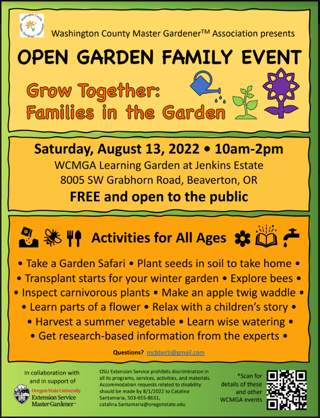 Open garden family event flyer.