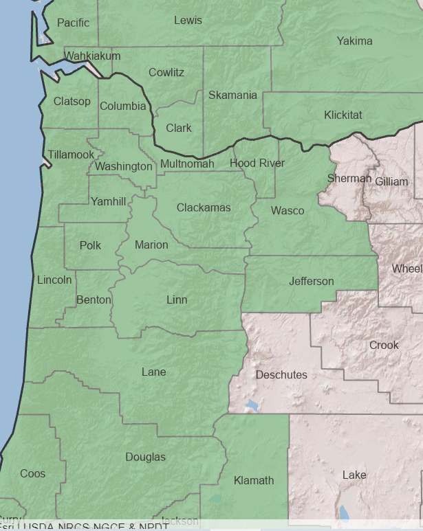 Oregon and Washington range of native vine maple.
