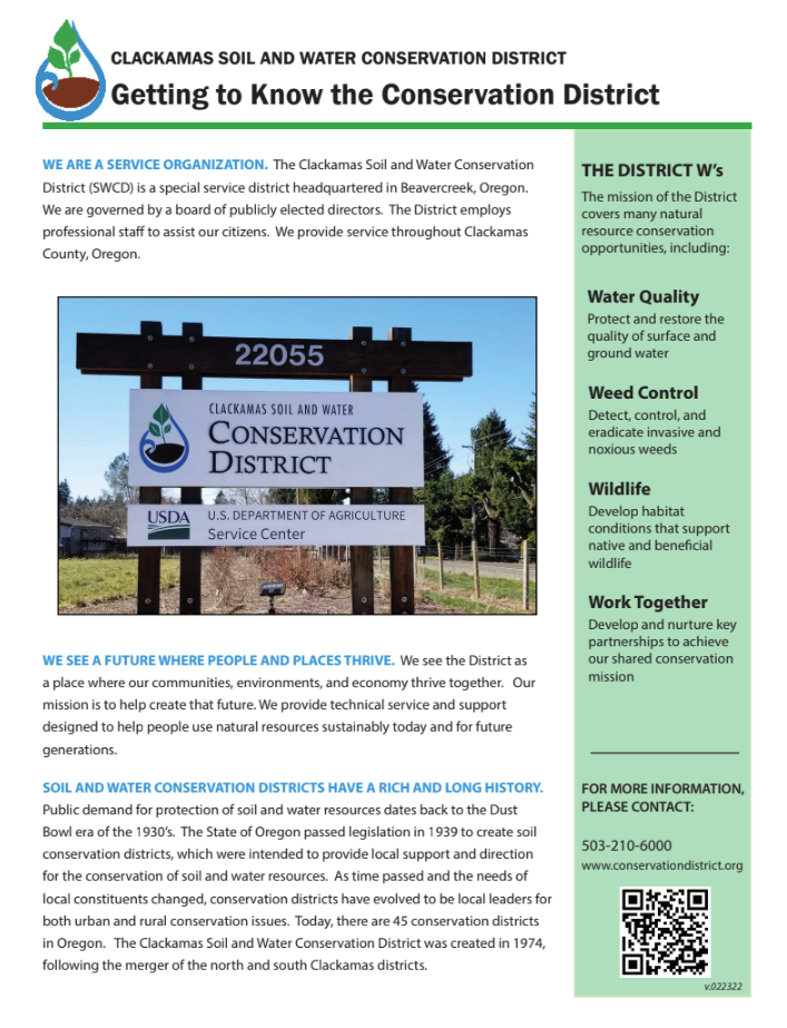 A flyer depicting information about the Clackamas Soil and Water Conservation District (SWCD) in Oregon. It features their mission, services, and contact details. On the left is a photo of their office sign, and on the right are mission-related points with a green background.