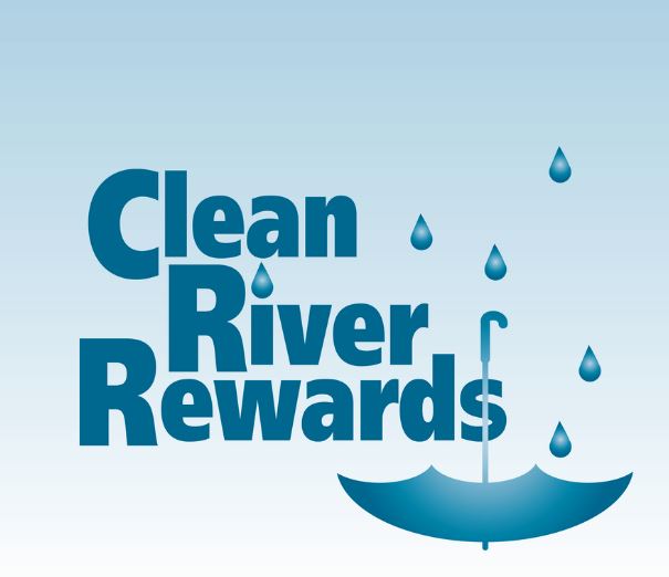 Graphic with text "clean river rewards" featuring water droplets and an umbrella, which implies a program related to water conservation or river cleanliness.