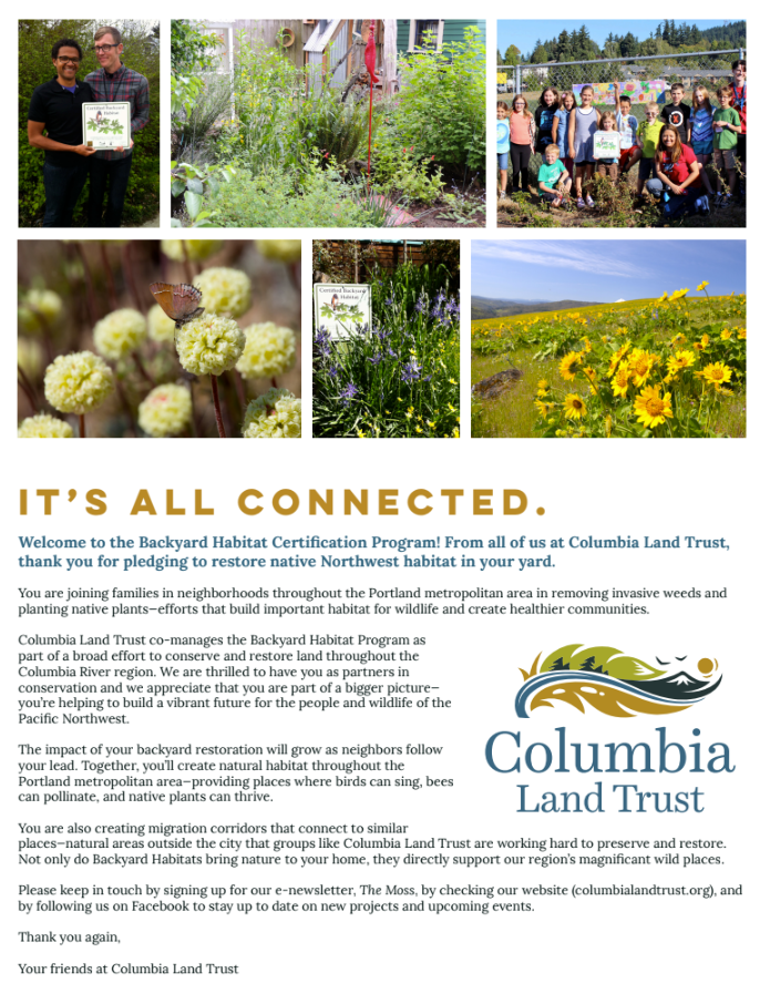 A flyer for the Backyard Habitat Certification Program by Columbia Land Trust. It features a group photo, pictures of plants and flowers, and text welcoming participants and providing details about the program's goal to restore native Northwest habitats. The Columbia Land Trust logo is at the bottom.