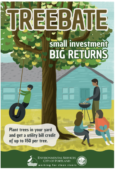 A poster with the title "TREEBATE: small investment BIG RETURNS." It shows a family in a yard with trees. A child swings on a tire, two adults grill food, and another child sits on the grass. The text promotes a utility bill credit for planting trees.