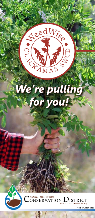 A person wearing a red checkered shirt is pulling a clump of weeds from the ground. The text "WeedWise Clackamas SWCD" is in a circular logo at the top, and "We're pulling for you!" is written in the middle. The Clackamas Conservation District logo is at the bottom.