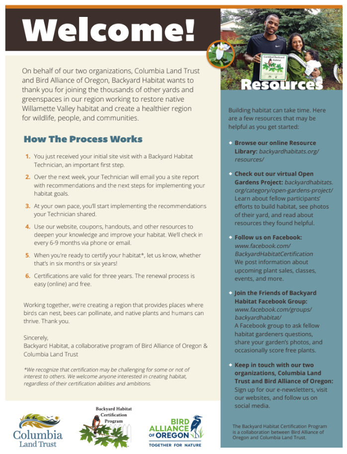 A flyer titled "Welcome!" from Columbia Land Trust and Bird Alliance of Oregon regarding the Backyard Habitat Certification Program. It details the program’s steps and benefits, and includes the organizations’ logos, contact information, and a "Resources" section with additional links.