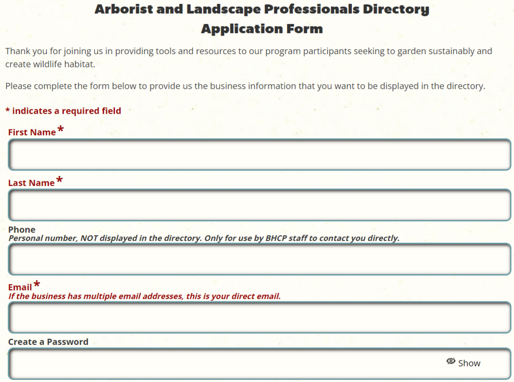 Application form for the Arborist and Landscape Professionals Directory, including fields for first name, last name, phone, email, and password. Required fields are marked with an asterisk.