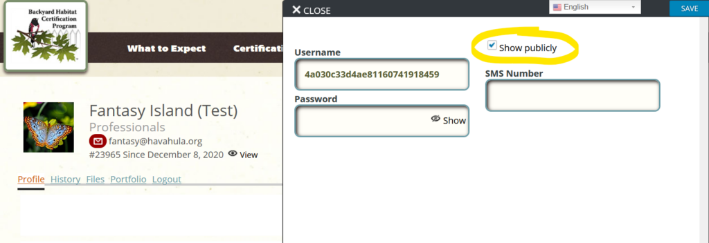 A login screen displaying fields for username, password, and SMS number on the right. "Show publicly" is circled in yellow. On the left, a webpage section titled "Fantasy Island (Test)" with a butterfly image and contact information.