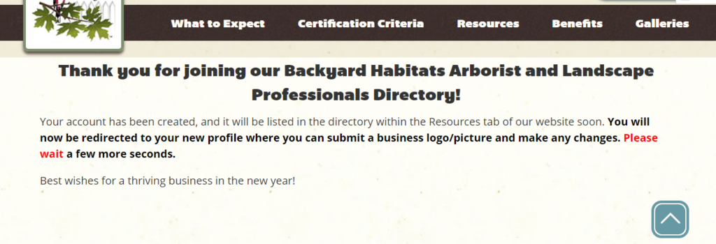 Screenshot of a webpage showing a thank you message for joining the Backyard Habitats Arborist and Landscape Professionals Directory. It mentions profile creation, directory listing, and includes a prompt to submit a business logo or picture.