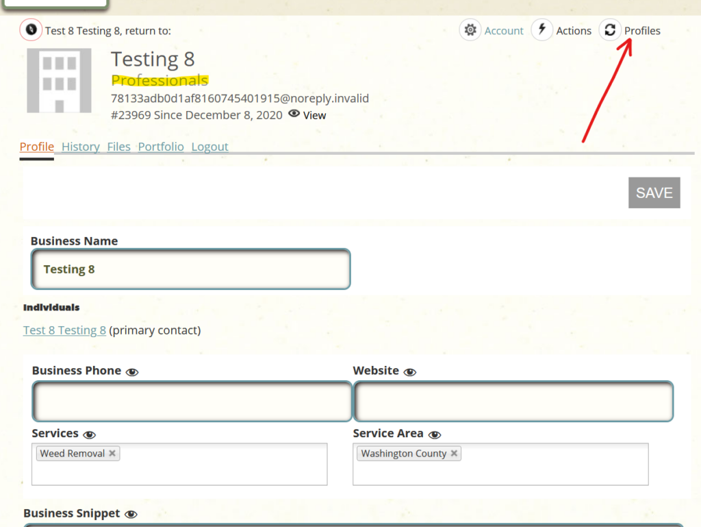 Screenshot of a business profile page for "Testing 8." It includes fields for business name, services, service area, and a business snippet. A red arrow points to the "Profiles" section. The save button is visible on the right.