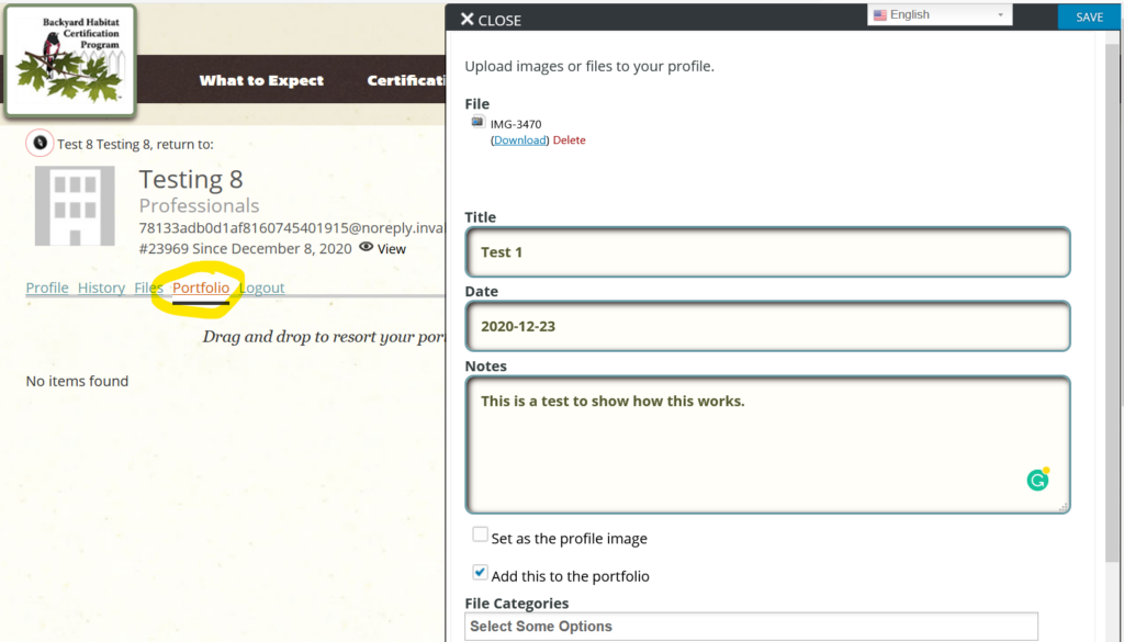 Screenshot of a web interface showing an image upload and information form. Fields include Title, Date, and Notes. The word "Portfolio" is highlighted in yellow. User actions like delete, set as profile image, and add to portfolio are visible.
