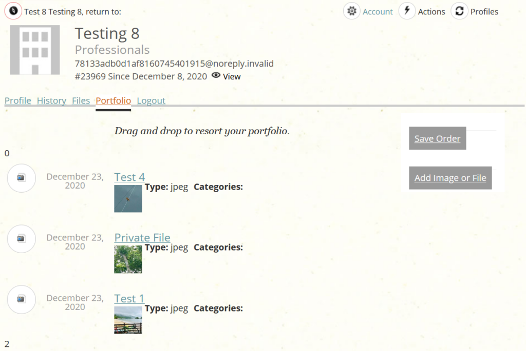 A screenshot of a webpage showing a user's portfolio. It features a header with the user's email, profile, history, and logout options. Below are three file entries with dates and image types: two labeled "Test" and one "Private File," each with "jpeg" listed.