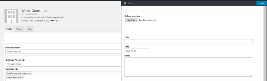 Screenshot of a business profile on software, showing "Weed-Gone, Inc." with business phone, services, and address details on the left. On the right is a form for uploading a picture with fields for title, date, and notes.