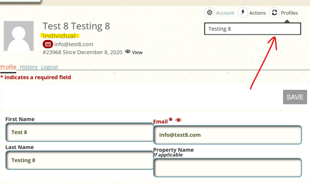Screenshot of a profile editing page titled "Test 8 Testing 8." The fields include First Name, Last Name, Email, and Property Name. An email is entered as info@test8.com, and a red arrow points to a bar with "Testing 8.