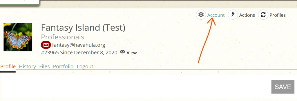 A screenshot shows a web interface with a profile section labeled "Fantasy Island (Test)" for professionals with a butterfly image. Options include Profile, History, Files, Portfolio, and Logout. An arrow points to the "Account" option in the upper area.
