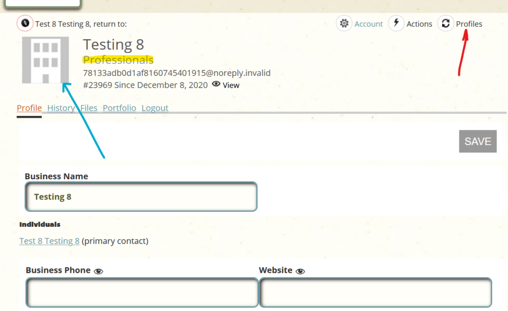 A user profile interface displaying a business named "Testing 8" with a gray building icon. Menus include Profile, History, Files, and Portfolio. The screen shows options for editing business name, phone, and website. Menu icons are at the top right.