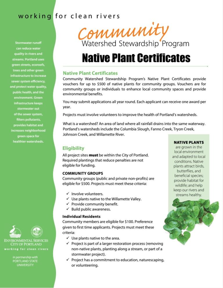 Flyer for Community Watershed Stewardship Program promotes native plant certificates. Offers project eligibility criteria, benefits, application details, and contact information. Includes bright green and white design with environmental imagery.