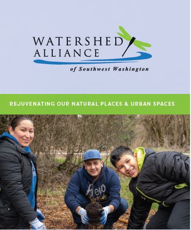 Three people are planting a small tree or shrub in an outdoor area. They are wearing casual clothes and gloves. Above them is the logo for the "Watershed Alliance of Southwest Washington" with the text "Rejuvenating Our Natural Places & Urban Spaces.