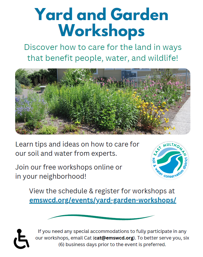 A flyer for Yard and Garden Workshops shows a garden with flowers and a house in the background. The flyer provides details on free workshops, how to register, and contact information for accommodations.