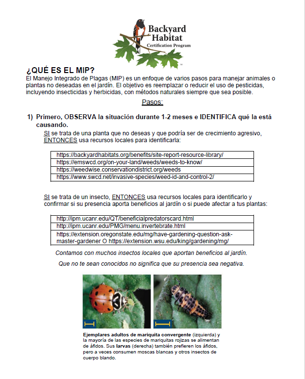 A Backyard Habitat Certification Program flyer explains the Integrated Pest Management process with steps, web links, and photos of two insects—one red with black spots, the other yellow with black spots—on green leaves.