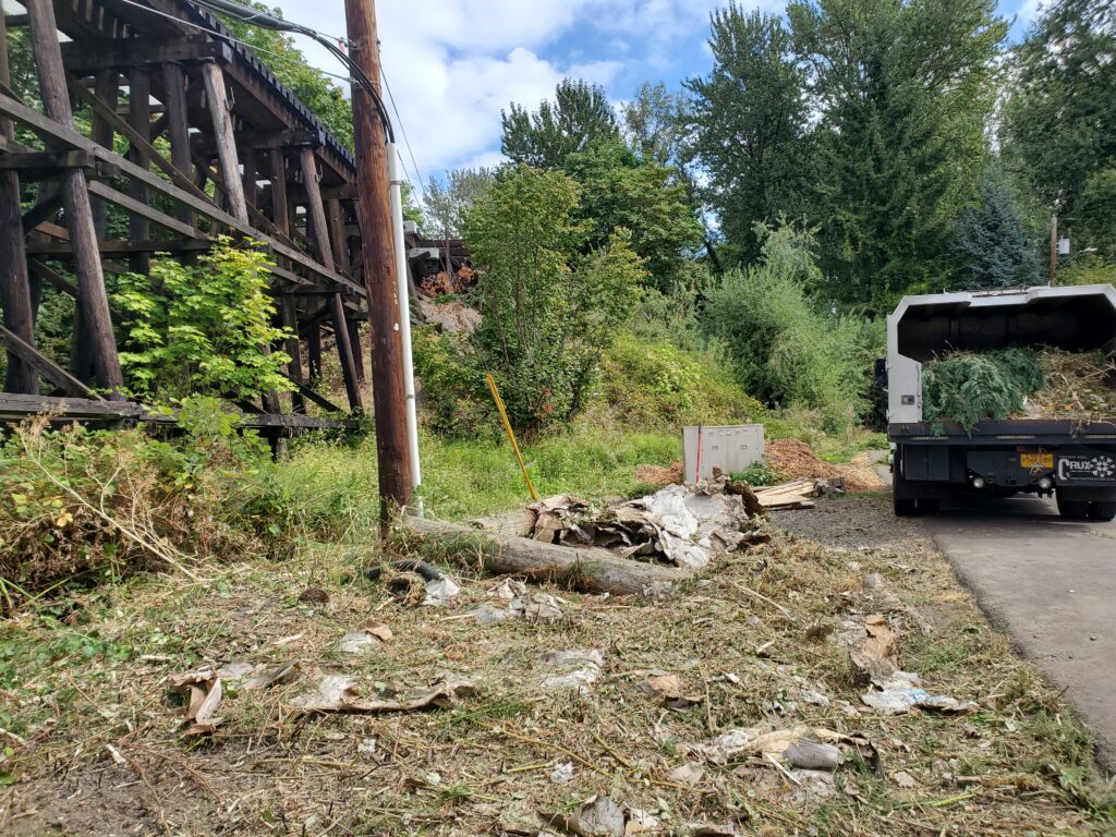 A truck is parked on a paved road next to a pile of debris and branches. An old wooden bridge, power pole, and dense green trees are visible in the background. The sky is partly cloudy.