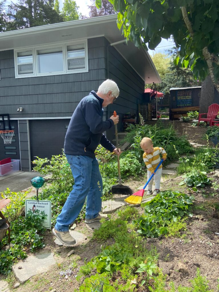 An older man and a small child sweep leaves from a stone garden path in front of a house. The man uses a push broom, while the child uses a smaller broom. Green plants and a sign are visible in the garden.
