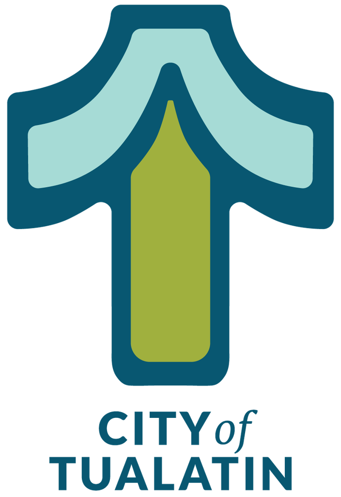 A stylized blue and green upward arrow shape with the words “City of Tualatin” in blue capital letters below. The design is simple and modern with clean lines.